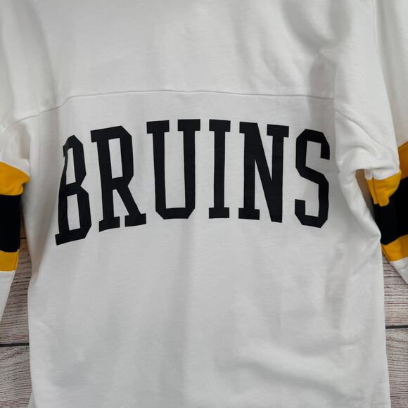 NHL GIII 4Her Boston Bruins Tie Front Hoodie Womens White Black Yellow Striped - Picture 4 of 11